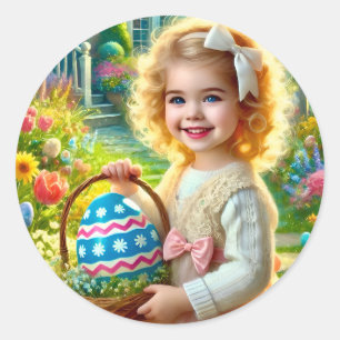 VINTAG EASTER GIRL ~ EGG WOW! RUNDER AUFKLEBER