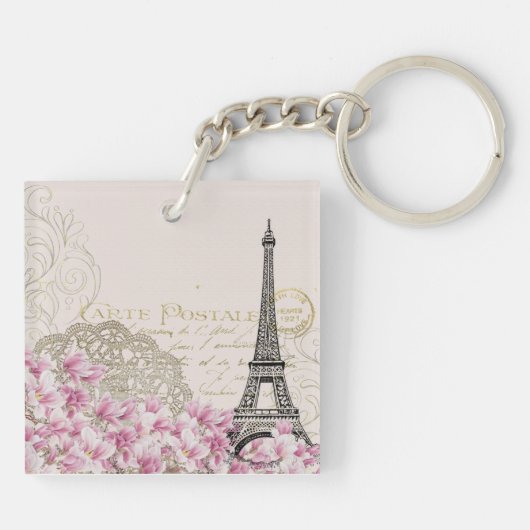Vintag Eiffelturm Paris Postkarte Schlüsselanhänger (Rückseite)