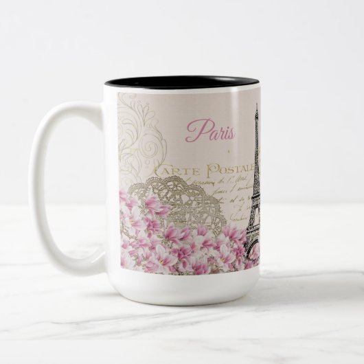 Vintag Eiffelturm Paris Postkarte Zweifarbige Tasse (Links)