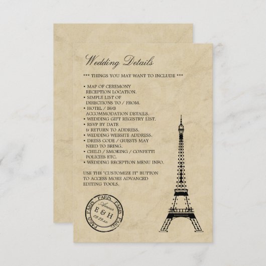 Vintag Eiffelturm Paris Postmark Wedding Begleitkarte (Vorne/Hinten)