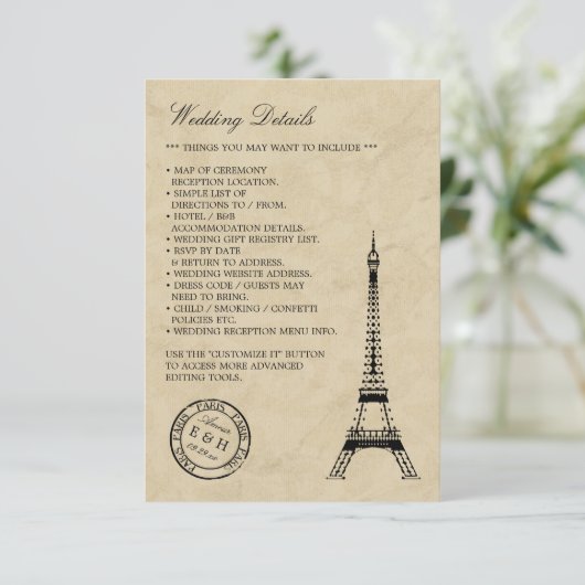 Vintag Eiffelturm Paris Postmark Wedding Begleitkarte (Stehend Vorderseite)