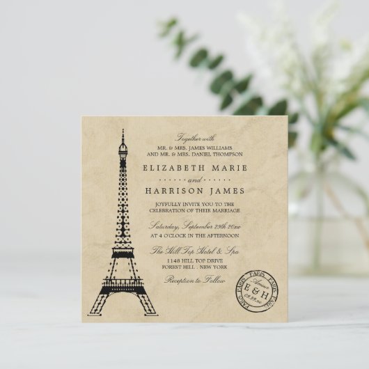 Vintag Eiffelturm Paris Postmark Wedding Einladung (Stehend Vorderseite)