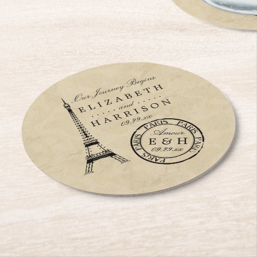 Vintag Eiffelturm Paris Postmark Wedding Runder Pappuntersetzer (Angewinkelt)