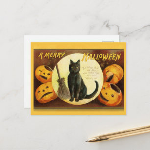 Vintag ein froher Halloween Black Cat Broom Feiertagspostkarte