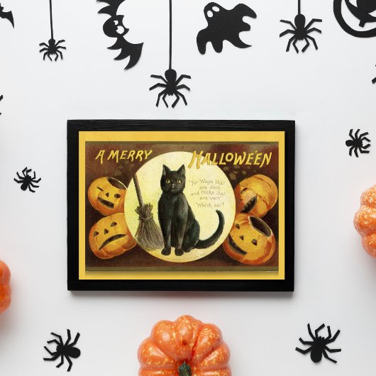 Vintag ein froher Halloween Black Cat Broom Karte