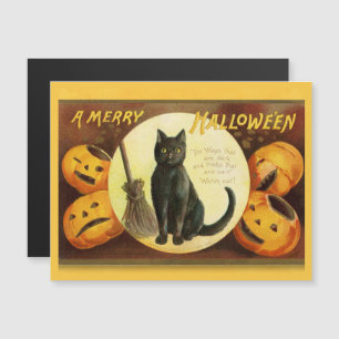 Vintag ein froher Halloween Black Cat Broom Magnetkarte