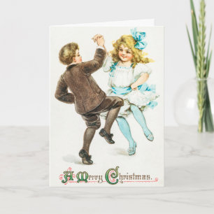 Vintag ein froher Weihnachtsjunge und Mädchentanz Feiertagskarte