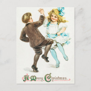 Vintag ein froher Weihnachtsjunge und Mädchentanz Feiertagspostkarte