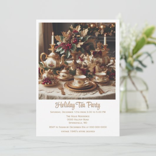 Vintag Elegante Holiday Tea Party Einladung (Stehend Vorderseite)