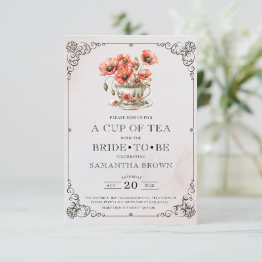 Vintag Elegantes Tea Party Brautparty Einladung (Stehend Vorderseite)