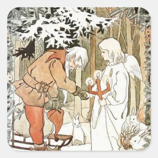 Vintag Elsa Beskow Weihnachtsangel Winterszene Quadratischer Aufkleber (Vorderseite)