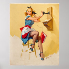 Vintag Elvgren Telefone Button-up Girl Retro Poster