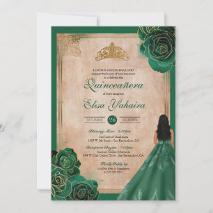 Vintag Emerald Green Gold Rose Royal Quinceanera Einladung
