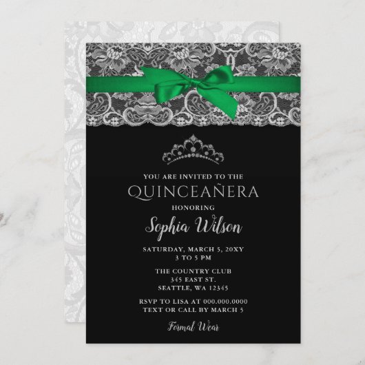 Vintag Emerald Green Ribbon Lace Quinceañera Einladung (Vorne/Hinten)