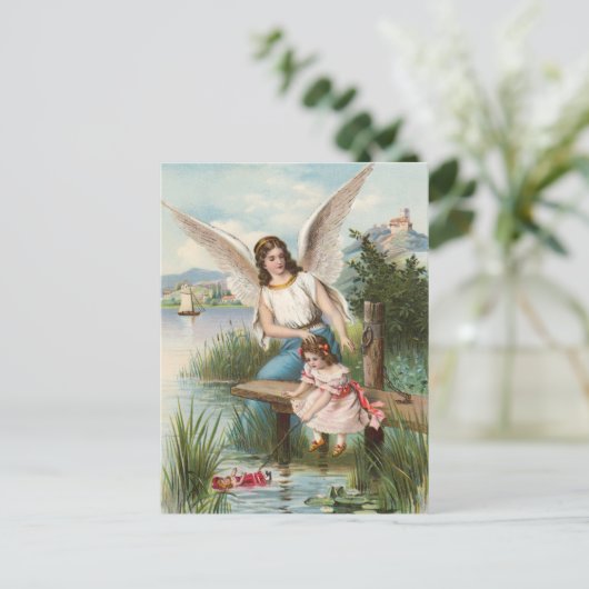 Vintag Engel Schutzengel mit Mädchen Postkarte (Stehend Vorderseite)