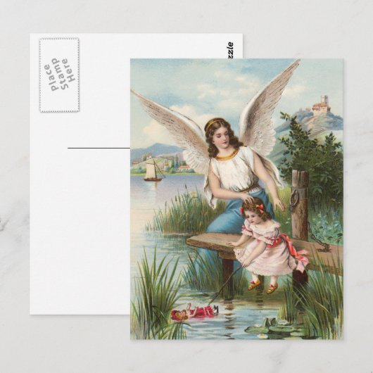 Vintag Engel Schutzengel mit Mädchen Postkarte (Vorne/Hinten)