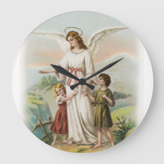 Vintag Engel Schutzengel und zwei Kinder Große Wanduhr