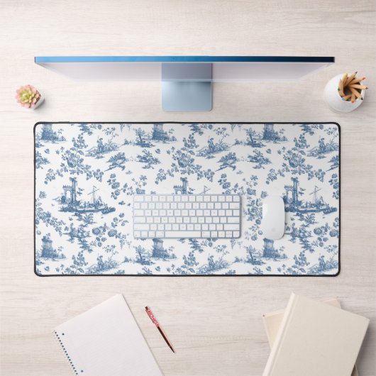 Vintag Englisch Floral Toile de Jouy-Blue Schreibtischunterlage (Büro 1)