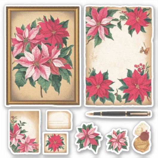 Vintag Ephemera Christmas Poinsettia Stickers Aufkleber (Vorderseite)