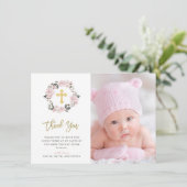 Vintag erröten Blumen- und GoldquerFoto-Taufe Dankeskarte (Stehend Vorderseite)
