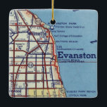 Vintag Evanstown IL Karte Keramikornament<br><div class="desc">Vintage Karte mit Evanston Illinois und Willmette,  Rogers Park Beach und Sheridan Shore Yacht Club.</div>