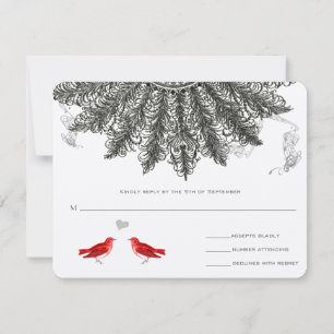 Vintag Feather Fan Love Birds Wedding RSVP Karte