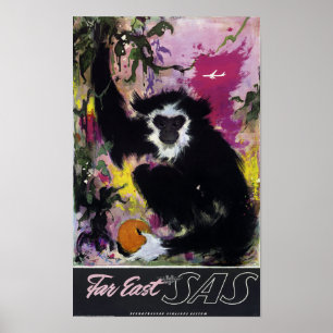 Vintag Fernost Gibbon Monkey Travel Poster