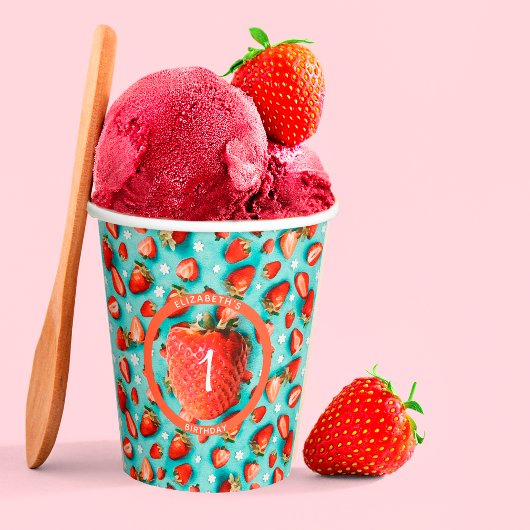 Vintag Floral Berry First Strawberry Birthday Pappbecher