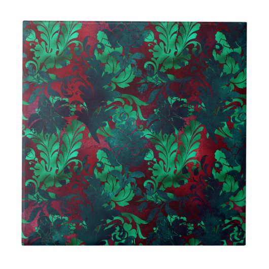 Vintag Floral Bright Burgundy Emerald Green Fliese (Vorderseite)