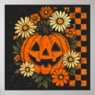Vintag Floral Pumpkin Halloween Retro Pumpkin Poster