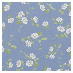 Vintag Floral White Daisies French Country Blue Stoff