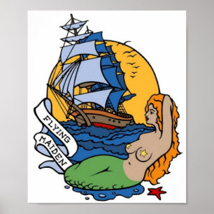 Vintag Flying Maiden Mermaid, Schiff Tattoo Art Poster