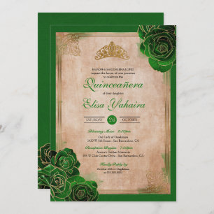 Vintag Forest Green Gold Rose Royal Quinceanera Einladung