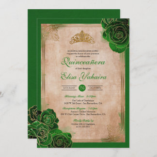 Vintag Forest Green Gold Rose Royal Quinceanera Einladung