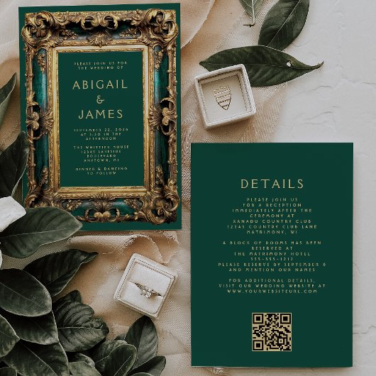 Vintag Frame Emerald Green Gold QR Code Hochzeit Einladung