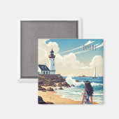 Vintag Frankreich Bretagne Beach Lighthouse Postca Magnet (Vorderseite/Rückseite)