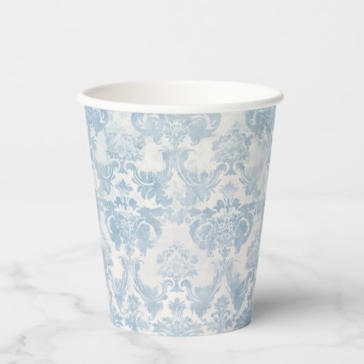 Vintag Französisch Dusty Blue Damask Pappbecher (Vorderseite)