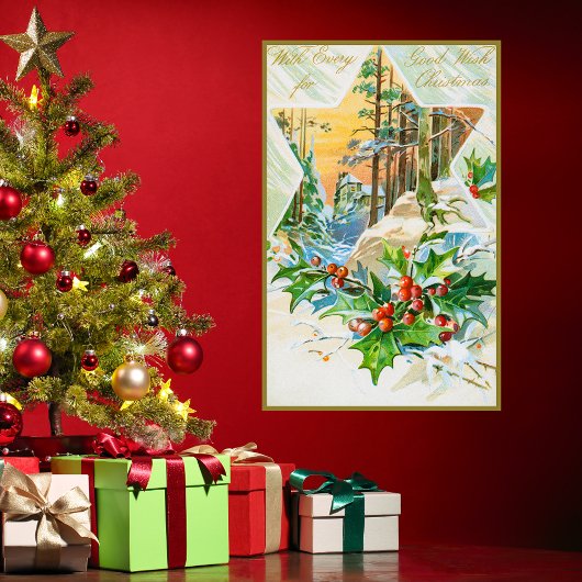 Vintag frohe Weihnachten Holly Berries Schneefest Poster