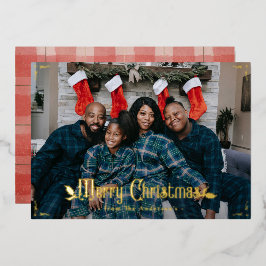 Vintag Frohe Weihnachten Rot Kariertes Custom Foto Folien Feiertagskarte