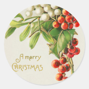 Vintag frohe Weihnachten Rot & White Holly Berries Runder Aufkleber