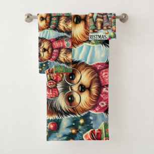 Vintag Frohe Weihnachten Terrier Yorskhire Yorkie Badhandtuch Set