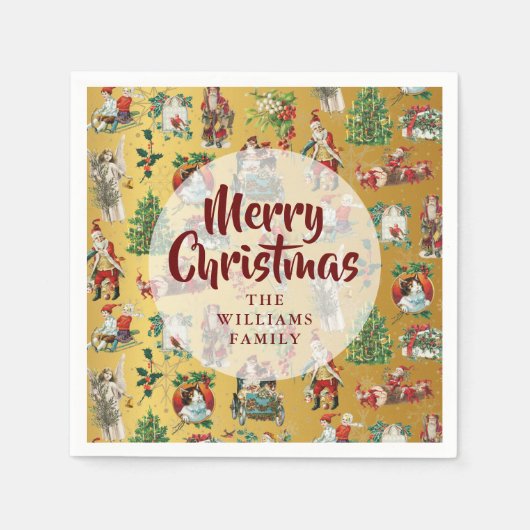 Vintag frohe Weihnachts-Goldfamilie Serviette (Vorderseite)