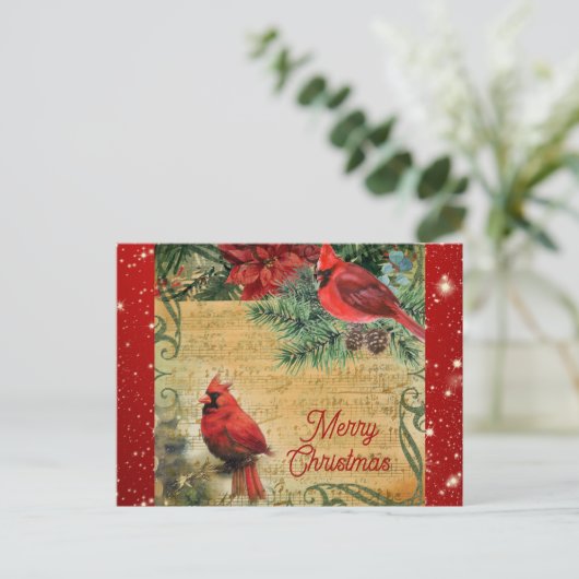 Vintag frohe Weihnachts-Kardinal-Musik Postkarte (Stehend Vorderseite)