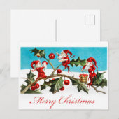 Vintag frohe Weihnachtselfen Red Holly Postkarte (Vorne/Hinten)