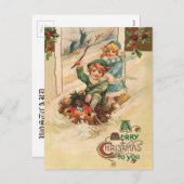 Vintag frohe Weihnachtskinder auf Schlitten Feiertagspostkarte (Vorne/Hinten)