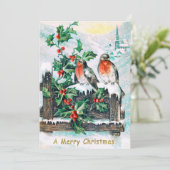 Vintag Frohe Weihnachtsvögel Holly Einladung (Stehend Vorderseite)
