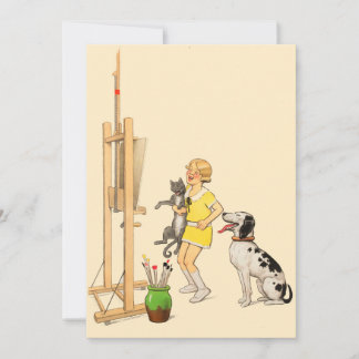 Vintag Funny Girl, Dog Cat Print Georges Redon Einladung