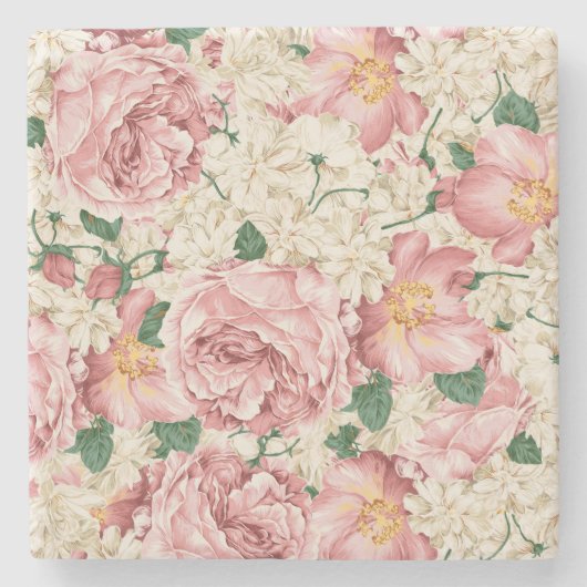 Vintag Garden Rose und Hydrangea Blume Muster Steinuntersetzer (Vorderseite)