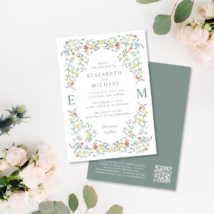 Vintag Garden Watercolor Monogram QR Code Wedding Einladung