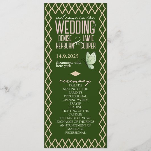 Vintag Gartengrün & Creme Whimsy Hochzeitstag Programm (Vorderseite)